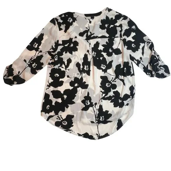 Daniel Rainn Blouse Women Petite Medium White Black Floral High Low Sheer Tunic - Picture 6 of 9